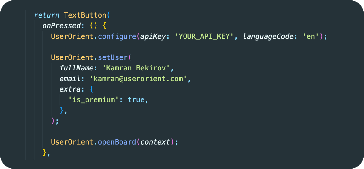 Flutter Dart code snippet showing 2-minute UserOrient SDK integration